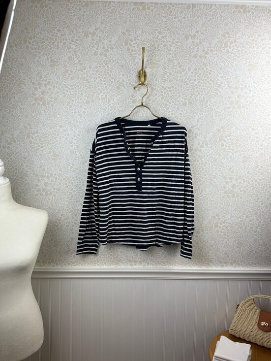 Boden Tops - BODEN Navy and White Striped Ruffle Trim Long-Sleeve Henley Tee - Size - 8